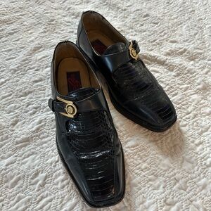 Genuine Snakeskin Black Leather Square Toe Loafers Maximalist Gold Buckle Luxury